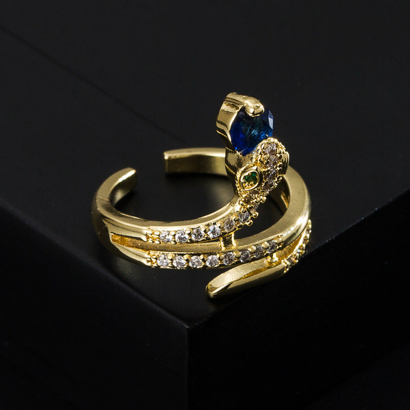 Womens Gold Plated Snake Ring Adjustable Copper Fashion Jewelry Unique Design Micro Mounted Craftsmanship Everyday Wear