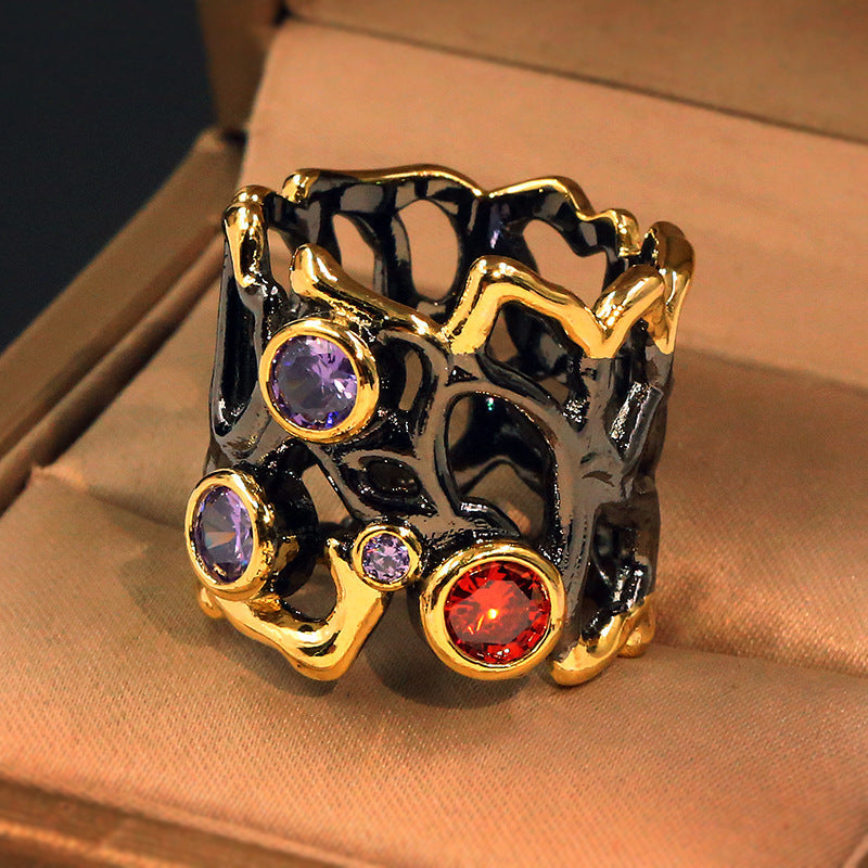 Women's Black Gold Plated Ring With Colored Stone Inlay Hollow Design Brass Gemstone Jewelry European Inspired
