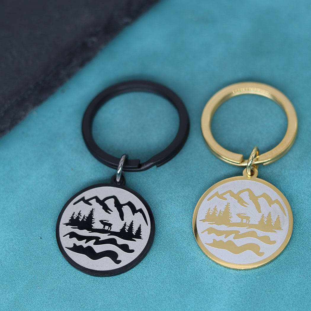 Stainless Steel Mountain Keychain Pendant Carved Design