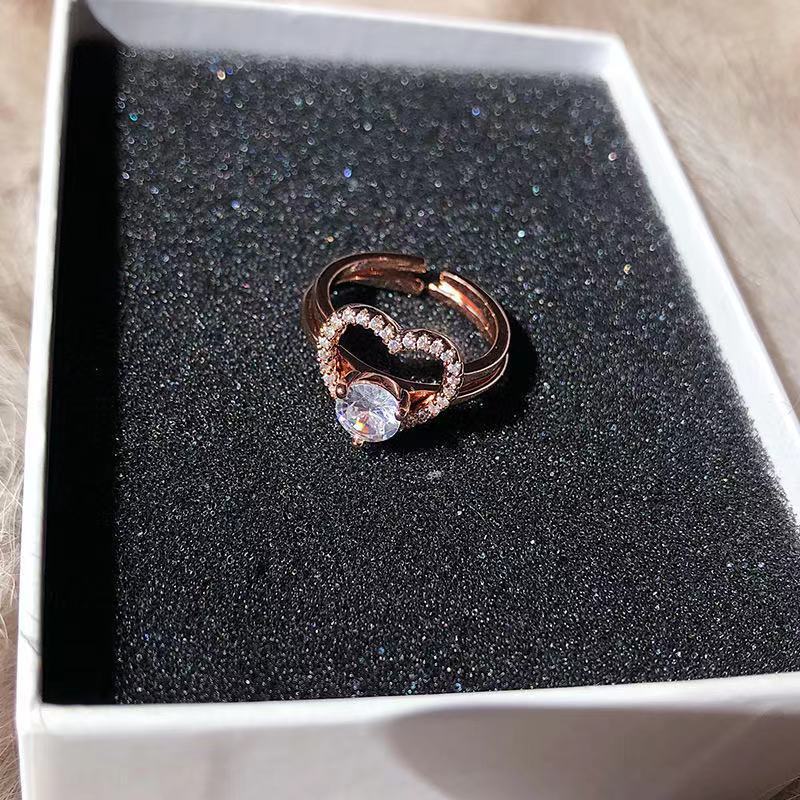 Womens Two In One Love Ring Set Adjustable Alloy Ring With Zircon Inlay Rhinestone Decor Gift For Her Everyday