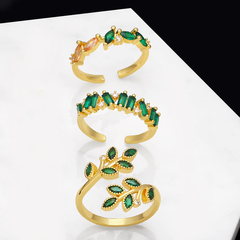 Leaves Design Ring Adjustable Zircon Copper Jewelry Elegant Unique Fashion Accessory For Her EverydayWear Gift