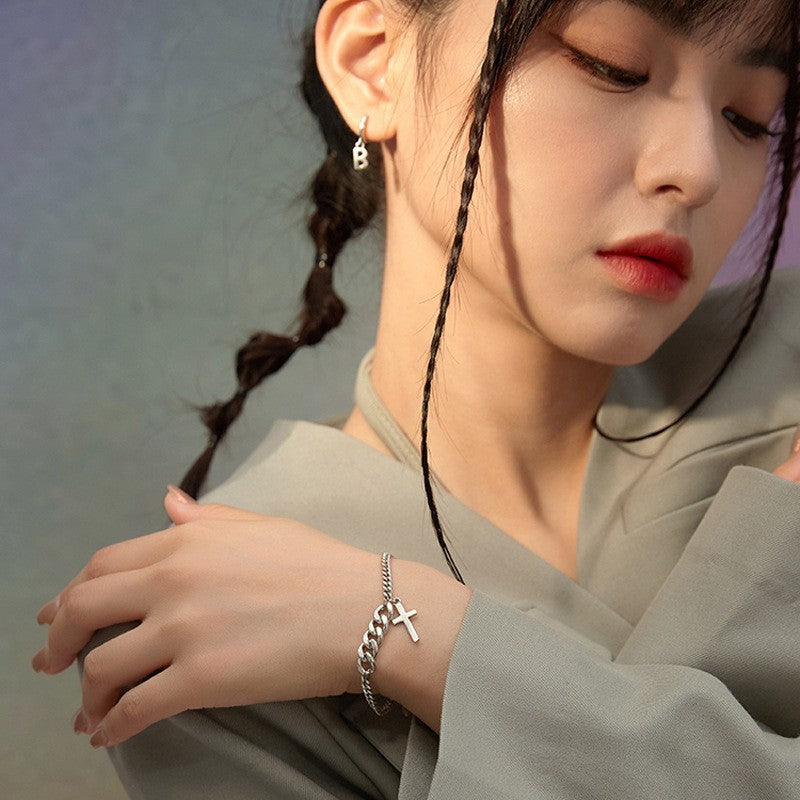 Mens Hip Hop Cross Bracelet Geometric Alloy Ornament Chain Design Twist Single Layer Bracelet Unisex Statement