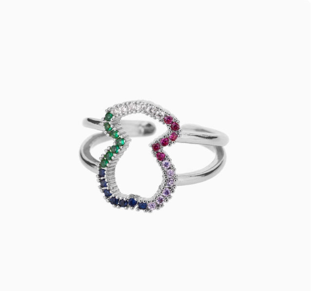 Womens Cute Personality Hollow Bear Ring Copper Geometric Inlay Zircon Adjustable Opening Size 10622 Gift Idea