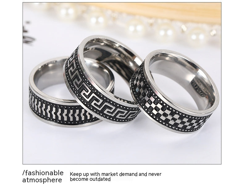 Mens Stainless Steel Ring Geometric Auspicious Patterns Retro Design Durable Daily Wear Party Jewelry Statement