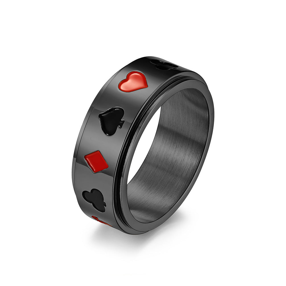 Unisex Titanium Steel Ring Featuring Spades Hearts Peach Clubs Diamond Playing Card Pattern 8mm Wide Band Gold