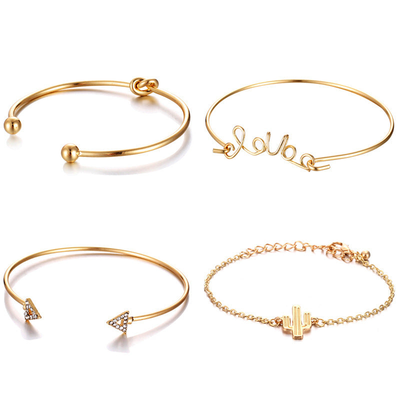 Womens Bracelet Set Of 4 Fashion Alloy Bracelets With Triangle Knotted Love Letter Cactus Designs Electroplated