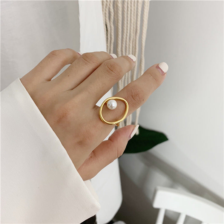 Women Adjustable Pearl Ring 18K Gold Plated Geometric Jewelry Gift For Her Holiday Style For Special Occasions