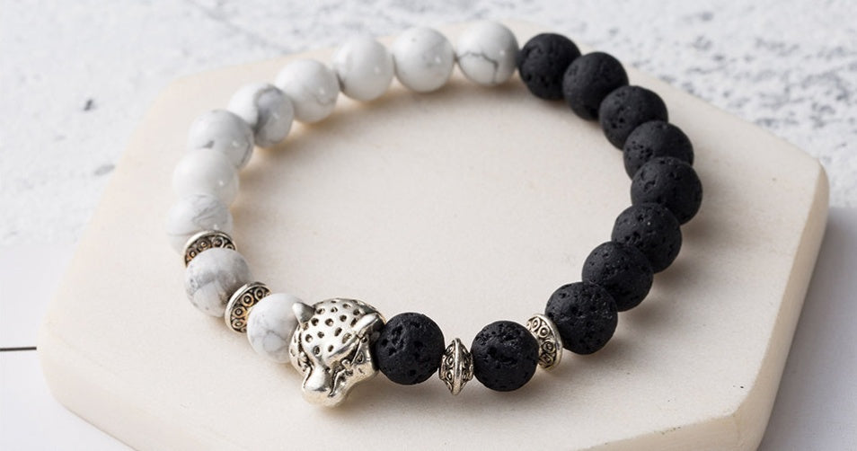 Mens Natural Stone Lava Rock Bead Bracelet Leopard Head Pendant Charm Handmade Jewelry Anniversary Engagement Gift