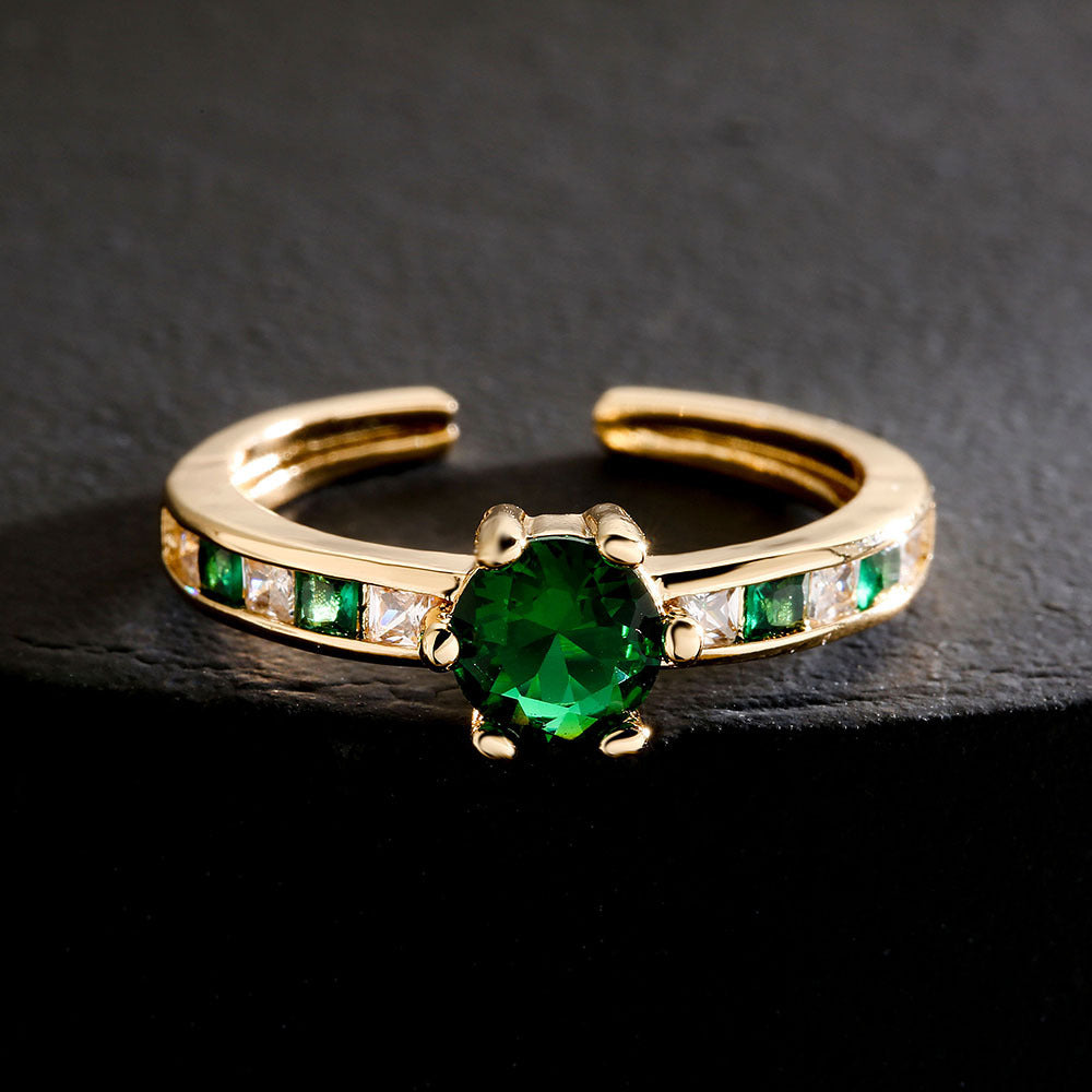 Women Retro Green Zircon Ring 18K Gold Plated Copper Micro Inlay Geometric Adjustable Jewelry Gift for Women