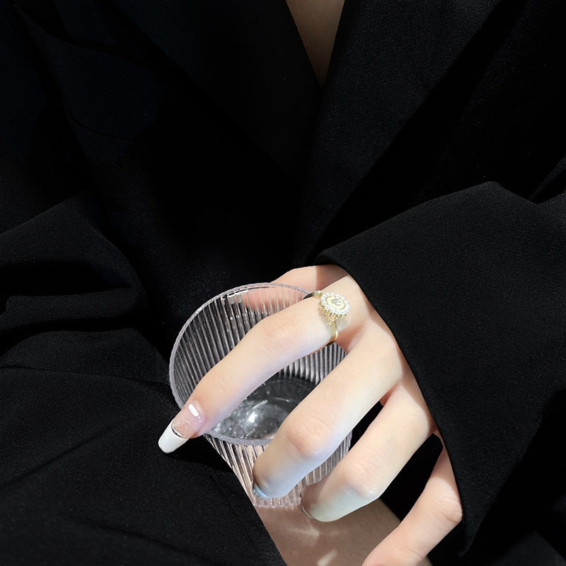 Adjustable Flower Ring Copper Jewelry With Gem Inlay In Korean Geometric Style Elegant Open Ring For Women Gift Charm