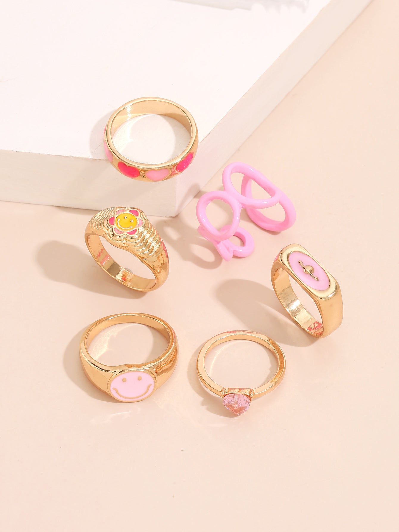 Womens Korean Geometric Ring Set With Smiley Face And Heart Design Zinc Alloy Fashion Jewelry Gift For Her Now