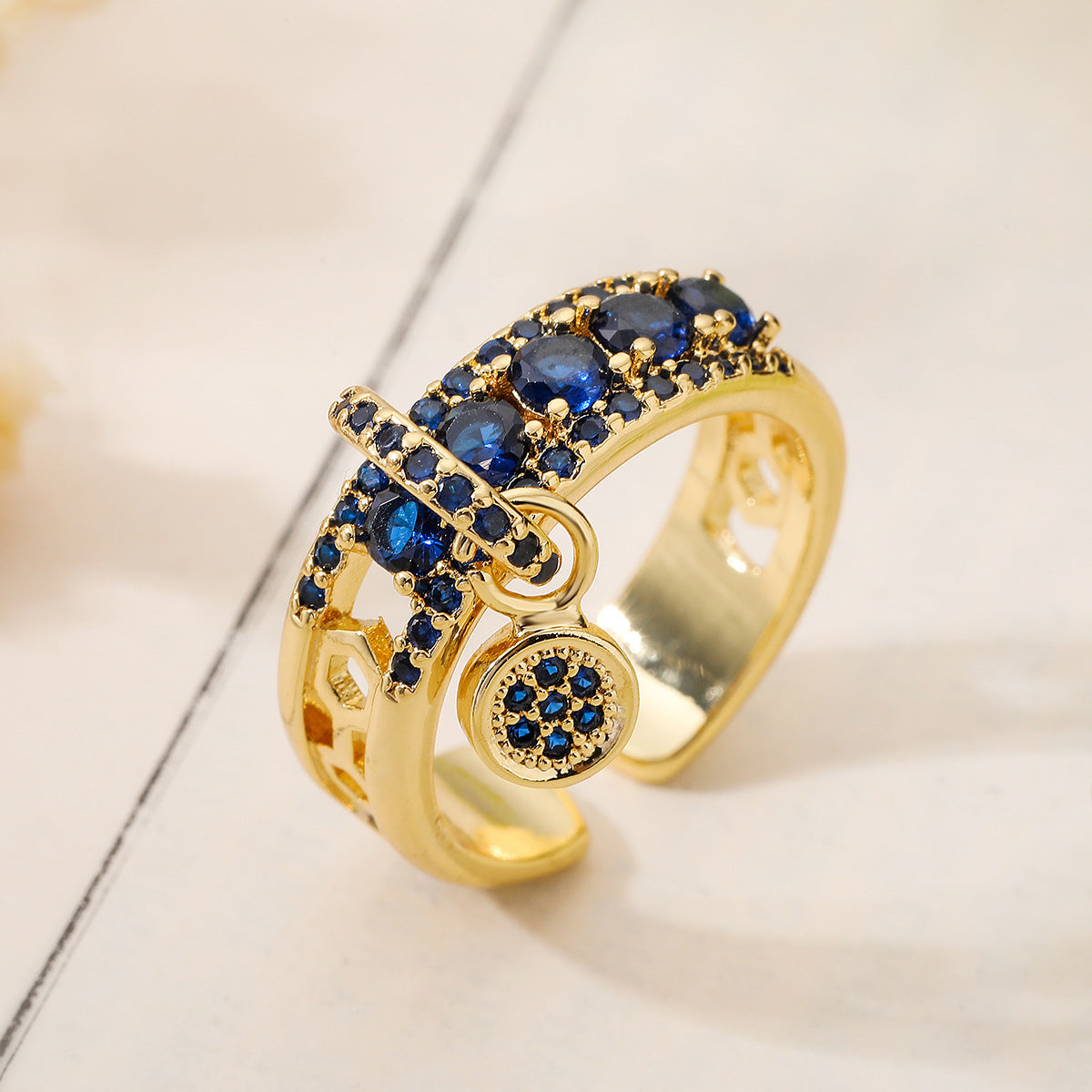 Womens Adjustable Open Geometric Zircon Ring Copper Plated Gold Tone Fashion Jewelry Elegant Shine For Any Day