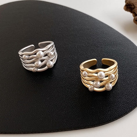 Womens Irregular Metal Pearl Ring With Geometric Design Electroplated Fashion Jewelry Accessory Durable Sparkle