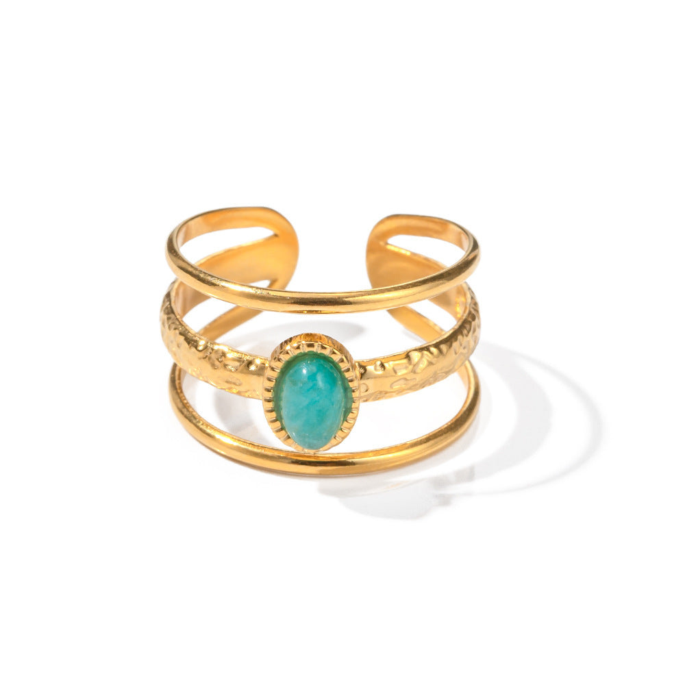 Women Natural Stone Geometric Open Ring Stainless Steel