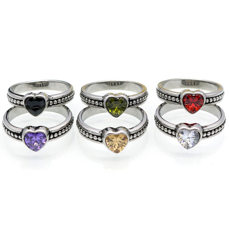 Stainless Steel Heart Shaped Ring Zircon In Vintage European American Style Unisex Jewelry Gleams Shines Stone