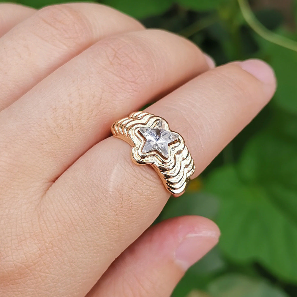 Womens Geometric Star Ring Alloy Metal Fashion Ring Retro Inlaid Star Design Electroplated Cold Wind Ring Ring