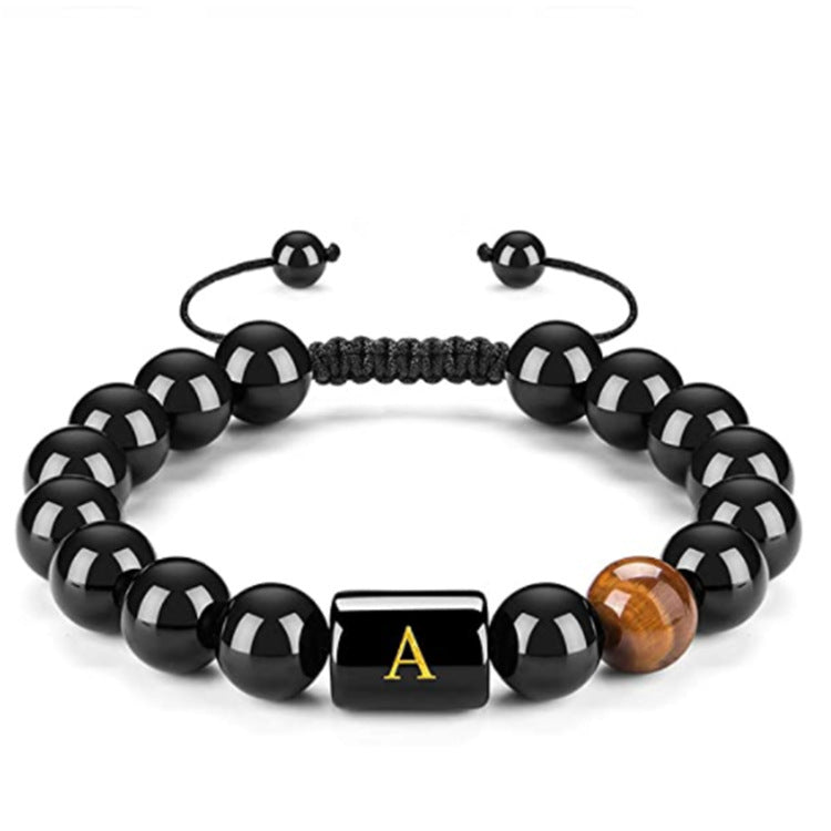 Mens Natural Black Agate 10mm Beads Handmade Initial Letter Bracelet Personalized Gift for Men Letter A Shape Letter