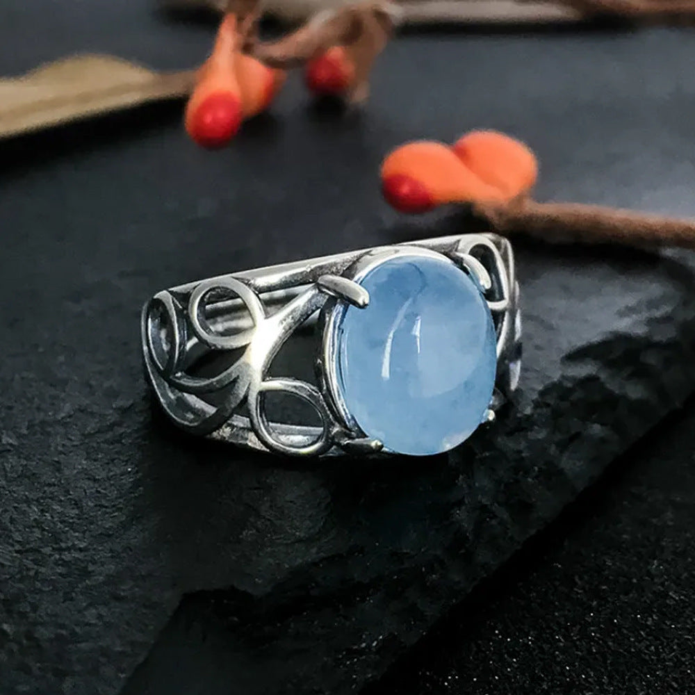 Women's Retro Ring with Natural Gemstone Hollow Pattern Copper Band Statement Ring for Her Vintage Inspired Jewelry Gift US Size 6 7 8 9 10