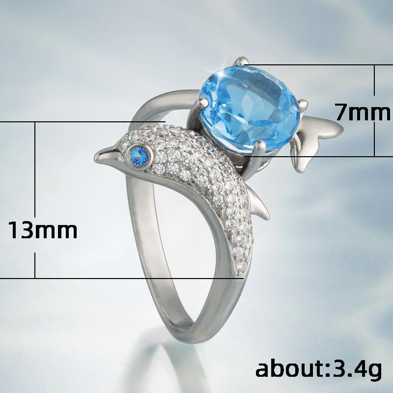 Shiny Dolphin Shaped Womens Ring With Royal Blue Zircon Copper Inlay Jewelry Ideal Birthday Gift Elegant Gifts