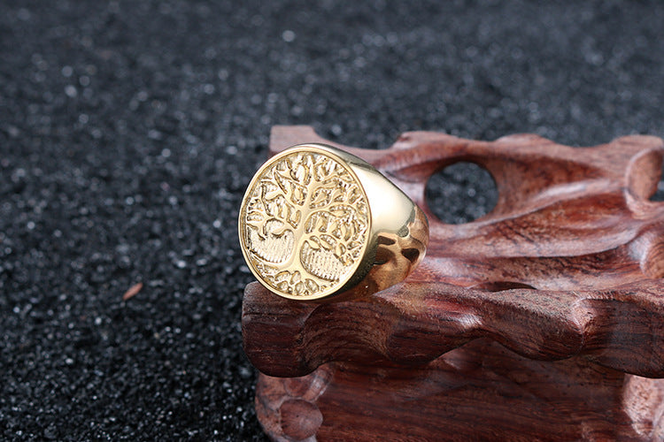 Mens Tree Of Life Ring In Golden Titanium Steel Fashion Punk Style With Geometric Ornament For Everyday Wear Gift