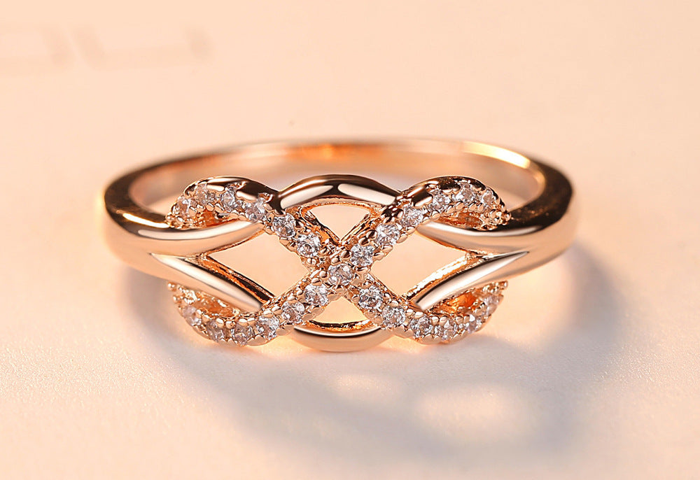 Womens Geometric Copper Ring With Zircon Inlay Rose Gold Twisted Micro Design Fashion Statement Jewelry Gift A