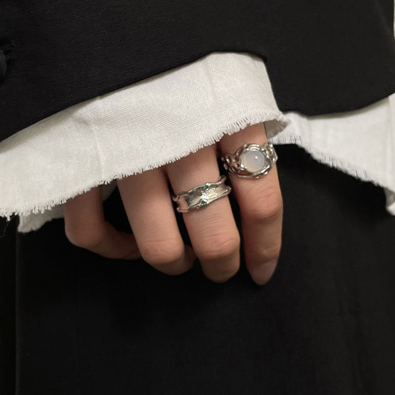 Thai Silver Plated Geometric Ring Irregular Design Fashion Jewelry Alloy Inlaid Gemstone Accent RingSet Korean