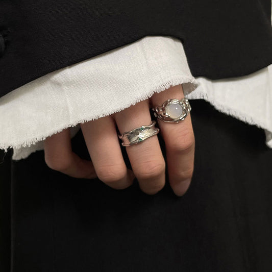 Thai Silver Plated Geometric Ring Irregular Design Fashion Jewelry Alloy Inlaid Gemstone Accent RingSet Korean