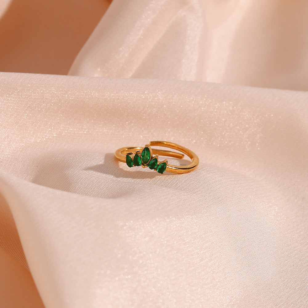 Womens Adjustable Stainless Steel Ring Leaves Diamond