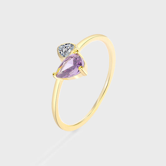 Women's Ring 14K Gold Plated Ring with Purple Gem and Peach Heart Design S925 Sterling Silver Ring Electroplated Diamond Ring for Her