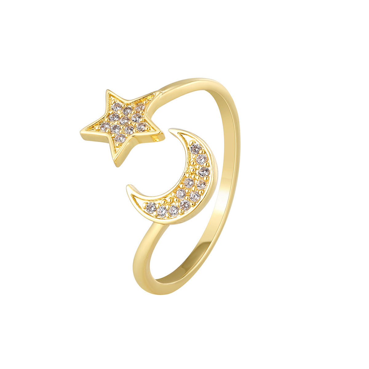 Gold Zircon Ring For Women Adjustable Copper Moon And Star Design Elegant Jewelry Open Ring Band Everyday Wear