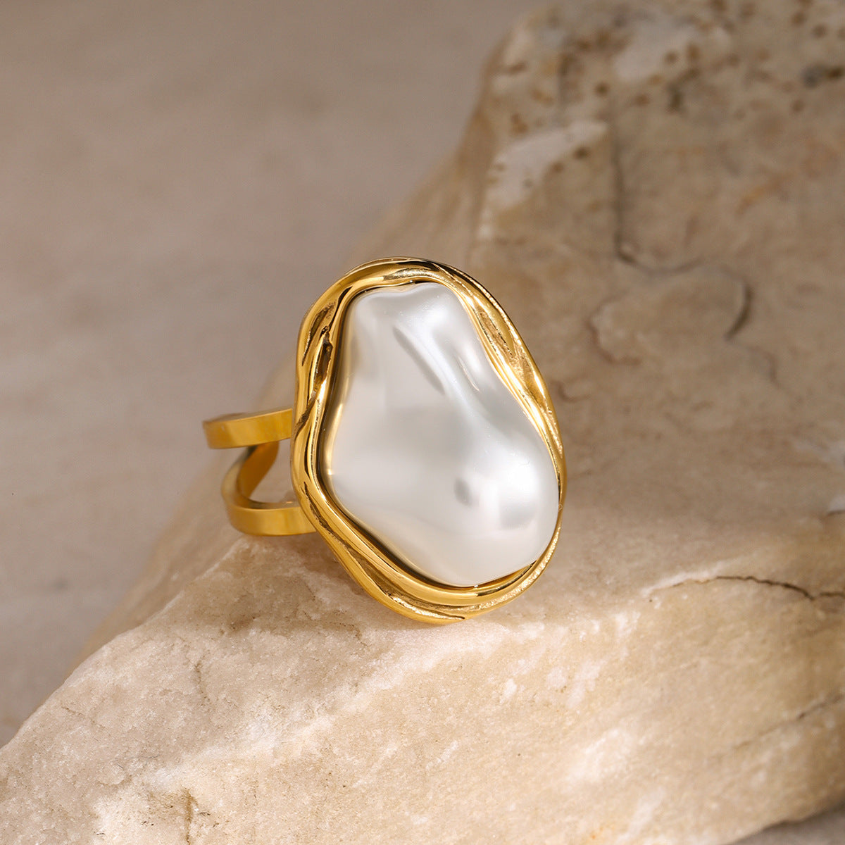 Gold Ring With Pearl Stainless Steel Adjustable Geometric Jewelry For Her Original Design Elegant Everyday Use