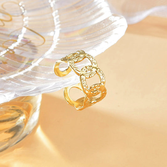 Women Stainless Steel Adjustable Open Ring Geometric Hollow Cross Design Hip Hop Style Ring Neutral Silvertone