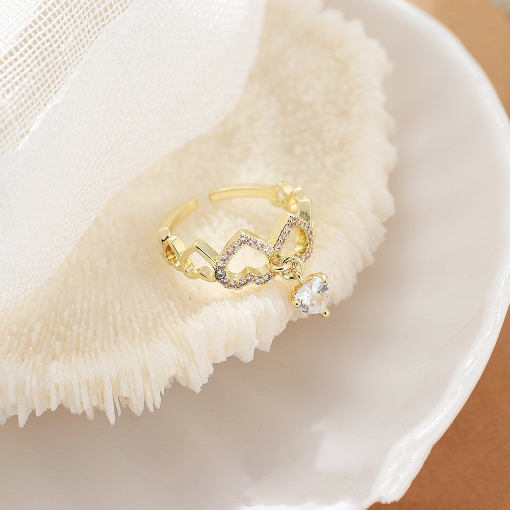 Womens Copper Ring Geometric Love Heart Zircon Electroplated Korean Style Jewelry Gift For Festivals And Gifting