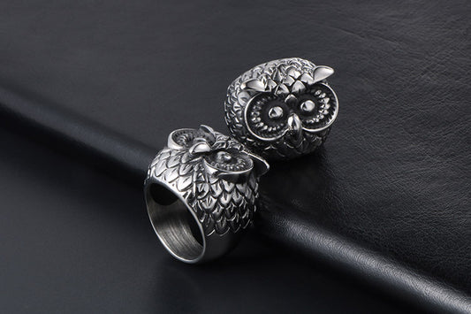 Mens Unisex Owl Ring Titanium Steel Polished Ornament Punk Fashion Retro Animal Image Rings Hand Ornament Punk