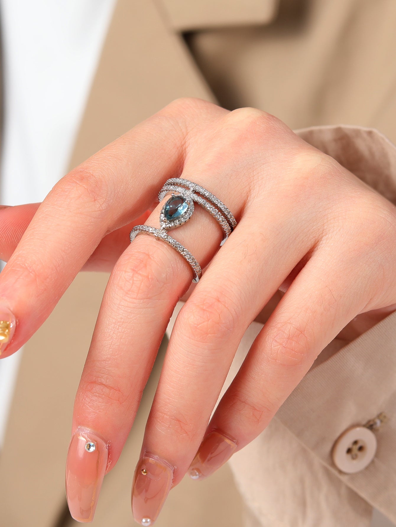 Women Open Pearl Ring Adjustable Copper Zircon Geometric