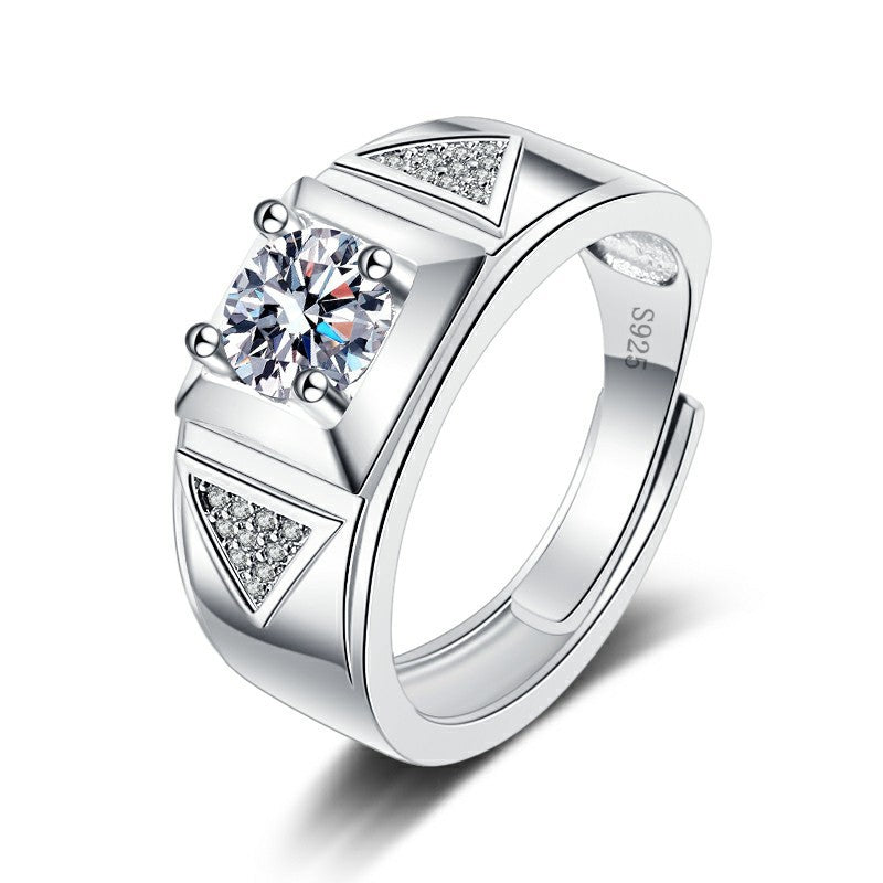 Mens Moissanite Diamond Simulation Ring Adjustable Open Four Claws Geometric Copper Electroplated Statement Jewelry