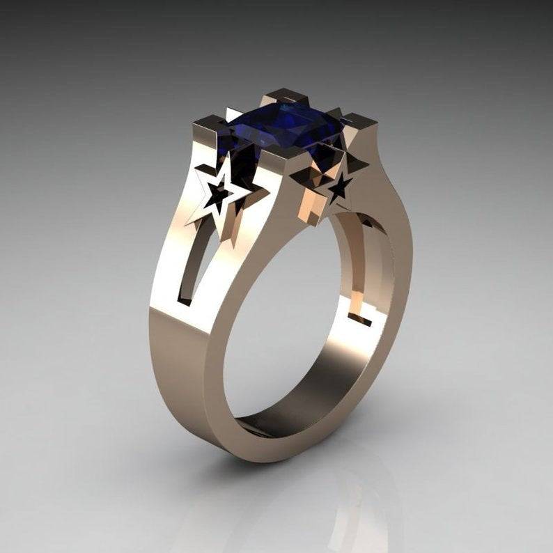 Plated Sapphire Simulated Diamond Ring With Copper Sterling Silver Inlay Unisex Style For Gift Sizes 6 7 8 9 10 11 12