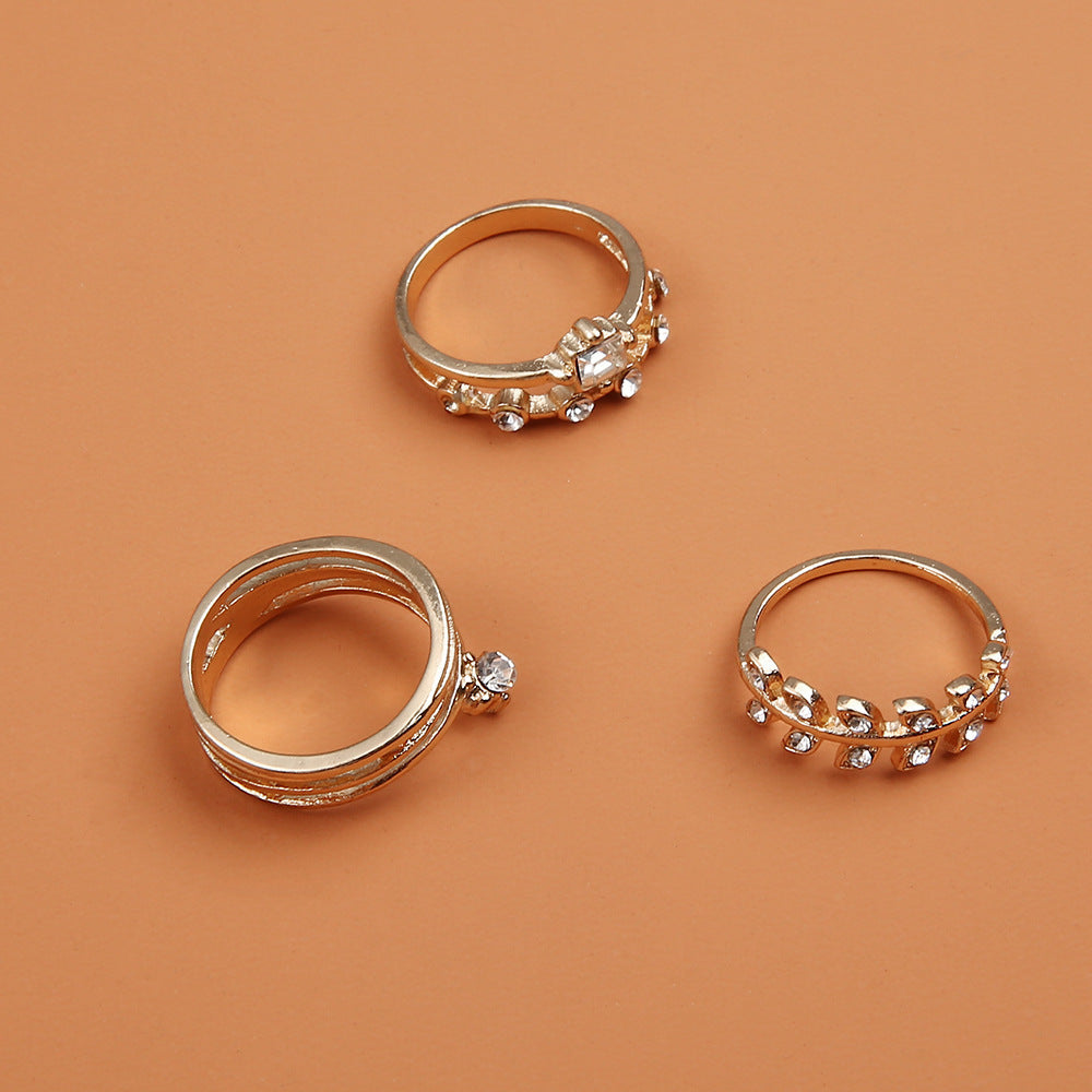 Womens Flower Ring Set 3 Piece Gold Alloy Inlaid Gem European Vintage Wedding Rings Fashion Jewelry Gift Style