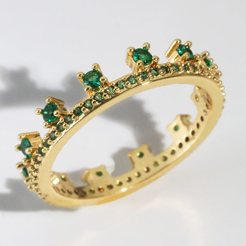 Ladies Fashion Crown Ring Geometric Diamond Ring Copper Heart Ring Gold-Plated Inlaid Artificial Gemstone Ring for Women Girls White Green Rose Color