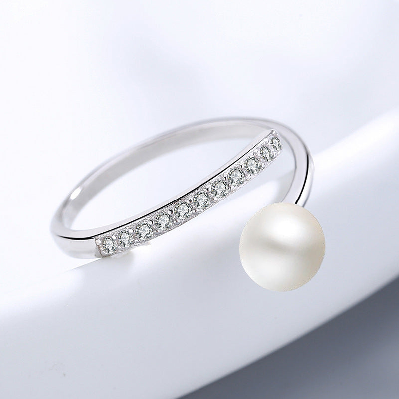 Womens 925 Silver Ring Adjustable White Gold Plated Inlaid Ornaments Pearl Zircon Round Pearl Design Ring Gold