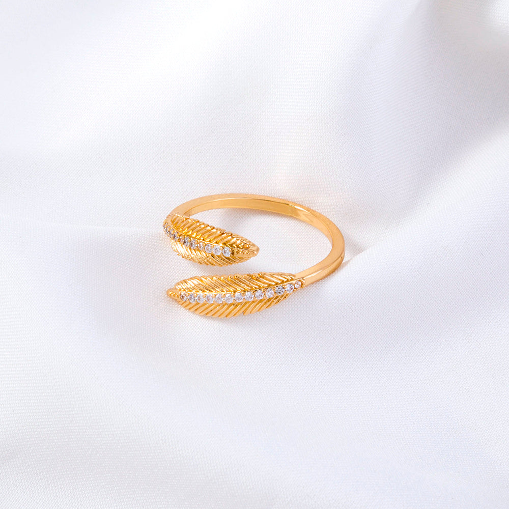 Adjustable Copper Ring With Zircon Inlays Feather Opening Design For Women And Girls Electroplating High Shine