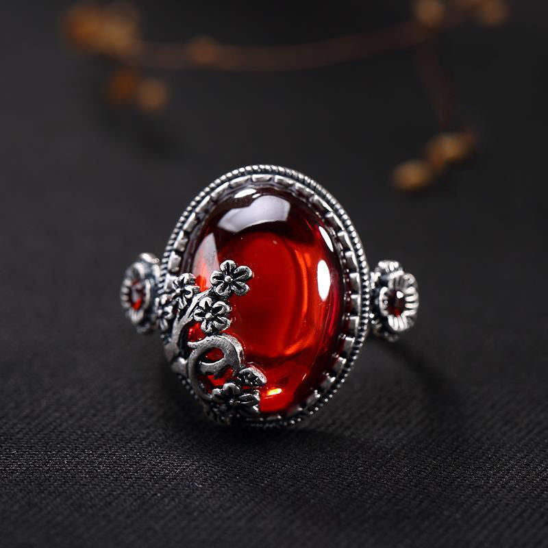 White Plated Gold Pomegranate Red Canary Stone Vintage Plum Blossom Unisex Ring Adjustable Size Timeless Style