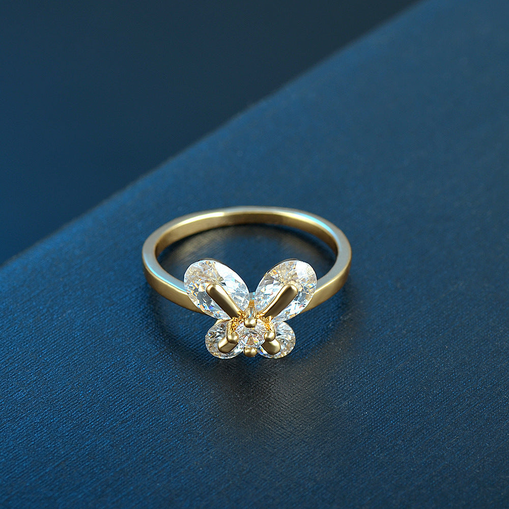 Women's Ring Elegant Butterfly Zircon Crystal Copper Inlaid Daily Wear Fashion Jewelry Craftsmanship Gold Tone