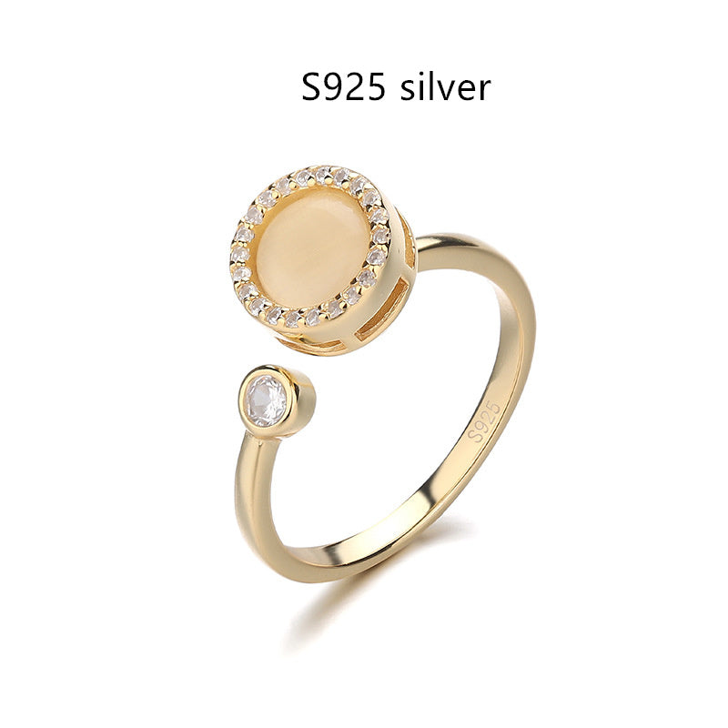 Womens Adjustable Ring Cat Eye Moonstone Rotatable Copper Band Little Golden Ball Korean Fashion Ring Style Cat Style
