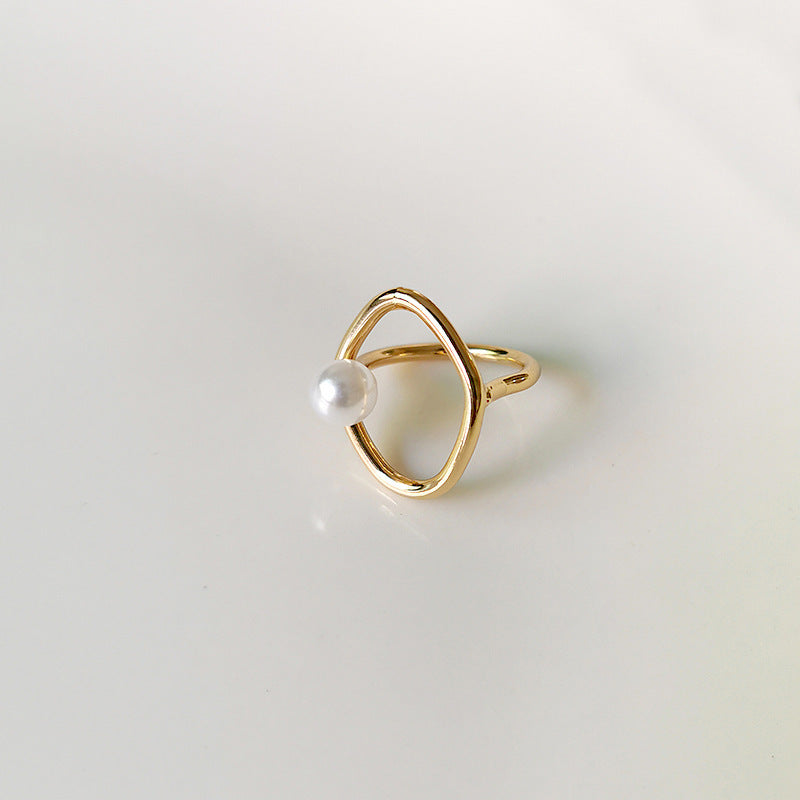 Dainty Faux Pearl Ring Adjustable Gold Plated Geometric Minimalist Jewelry For Women Gift Idea Elegant Gift For