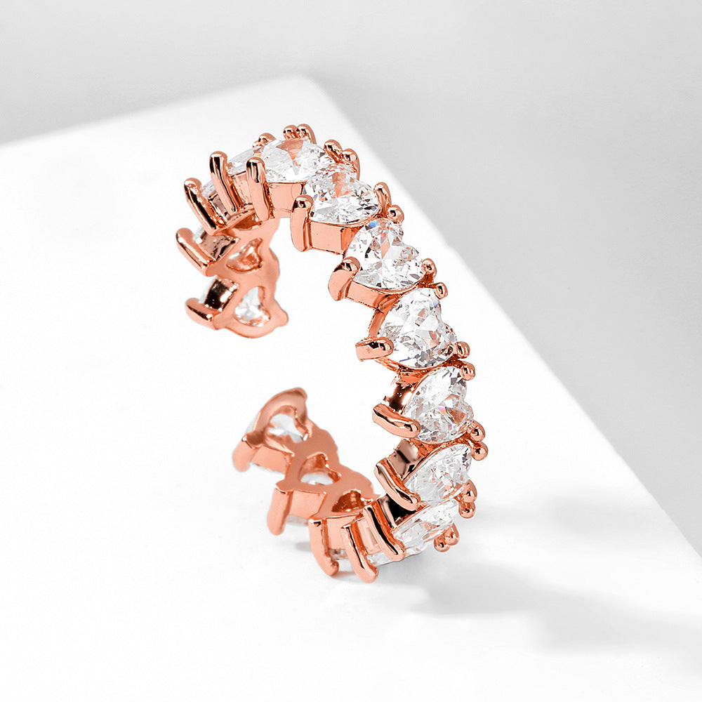 Zircon Open End Ring For Women Adjustable Heart Shape Copper Plated Dainty Jewelry Gift Accessory Delicate Design