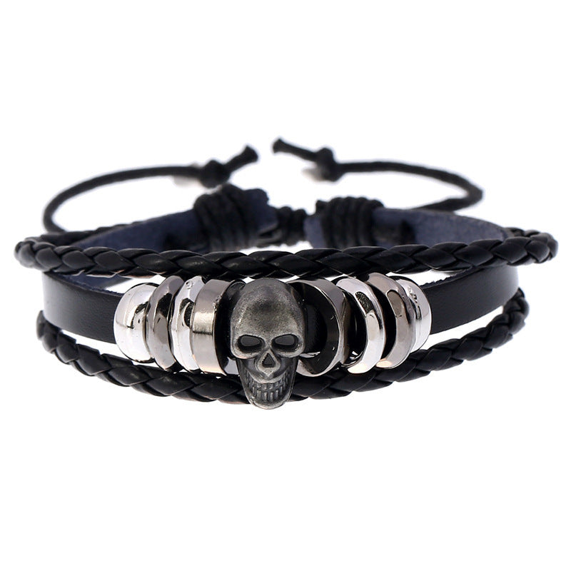 Mens Leather Bracelets With Beaded Skull And Geometric Design Adjustable Drawstring Closures Cowhide Wristband