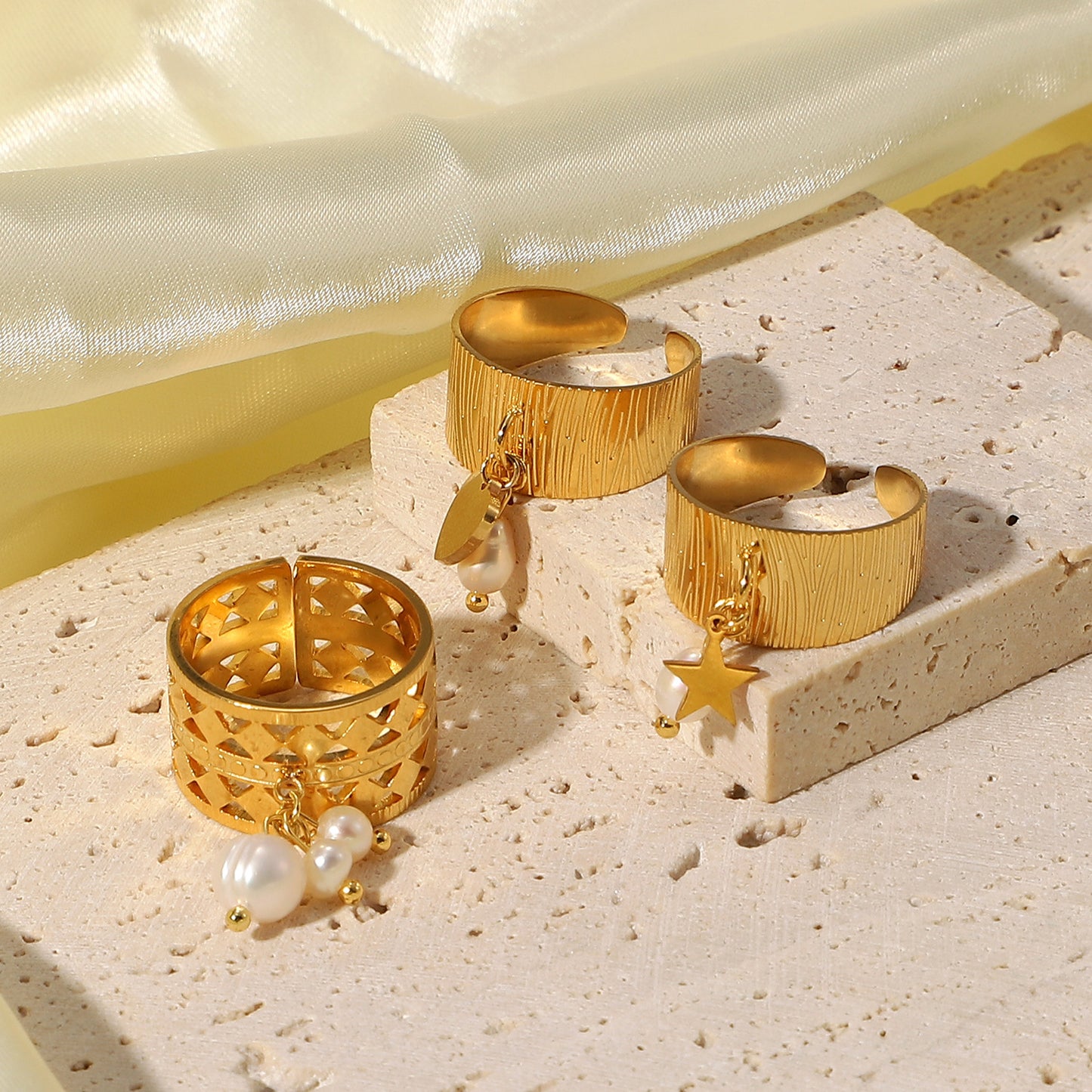 Women's Stainless Steel Ring with Pearl Electroplated Adjustable Opening Fashion Jewelry Finger Ring Perfect Gift for Her