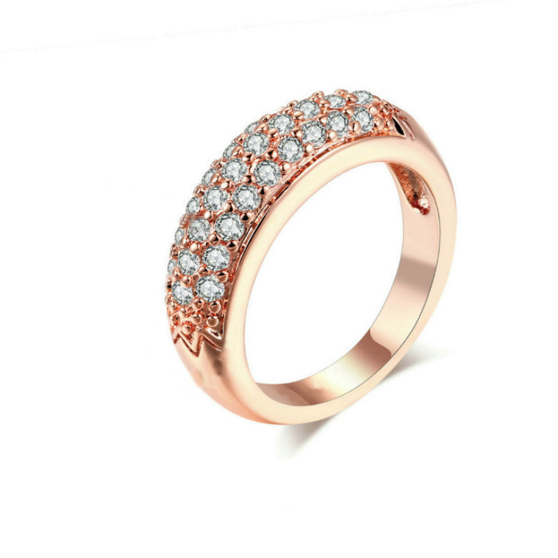 Geometric Three Row Cubic Zirconia Ring With Half Side Design Copper Electroplated For Women Stylish Jewelry Accessory