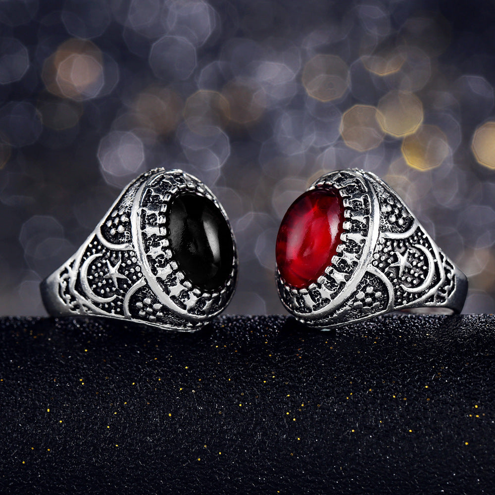 Womens Vintage Alloy Ring Antique Silver Electroplated Geometric Moon And Stars Design With Ruby Gem Inlay Fashion